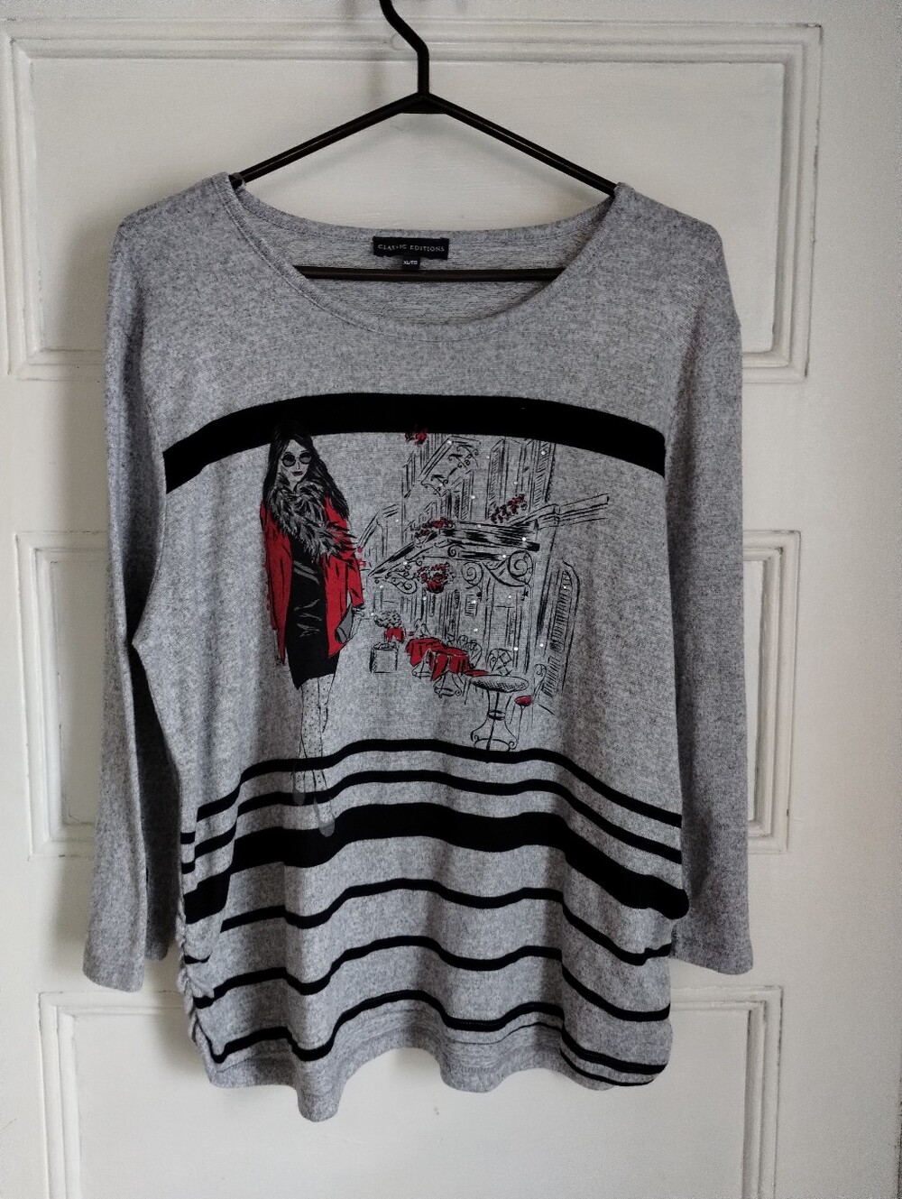 Classic Edition Grey Graphic Long-Sleeve Top with Red Accent SZ Xl